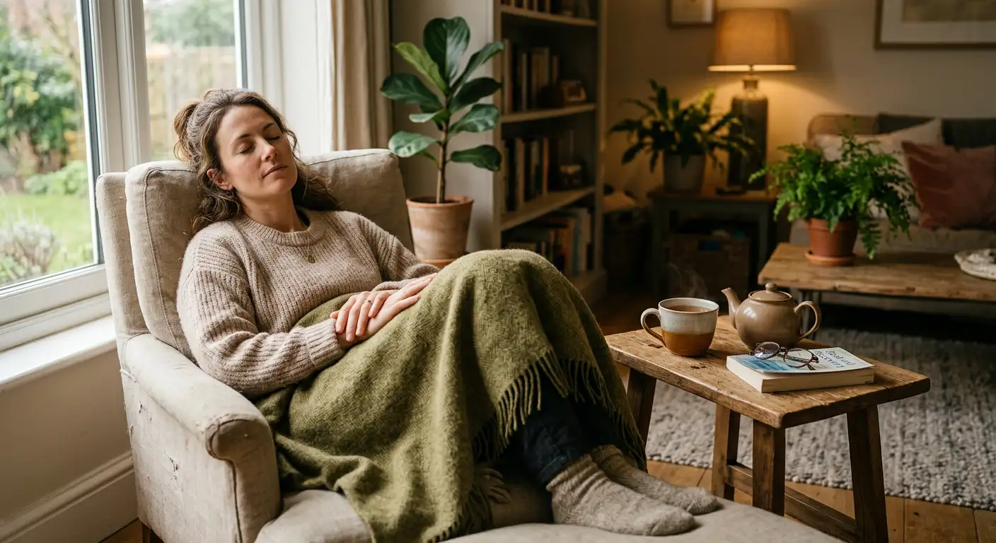 Persoană luând o pauză reală lângă o fereastră, relaxată, lumină naturală caldă