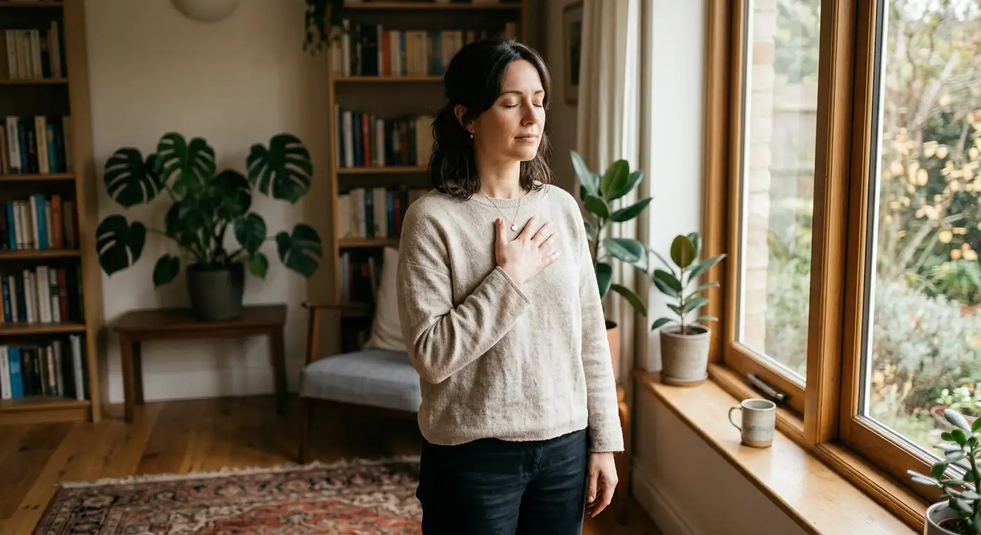 Persoană practicând mindfulness într-un cadru natural și luminos