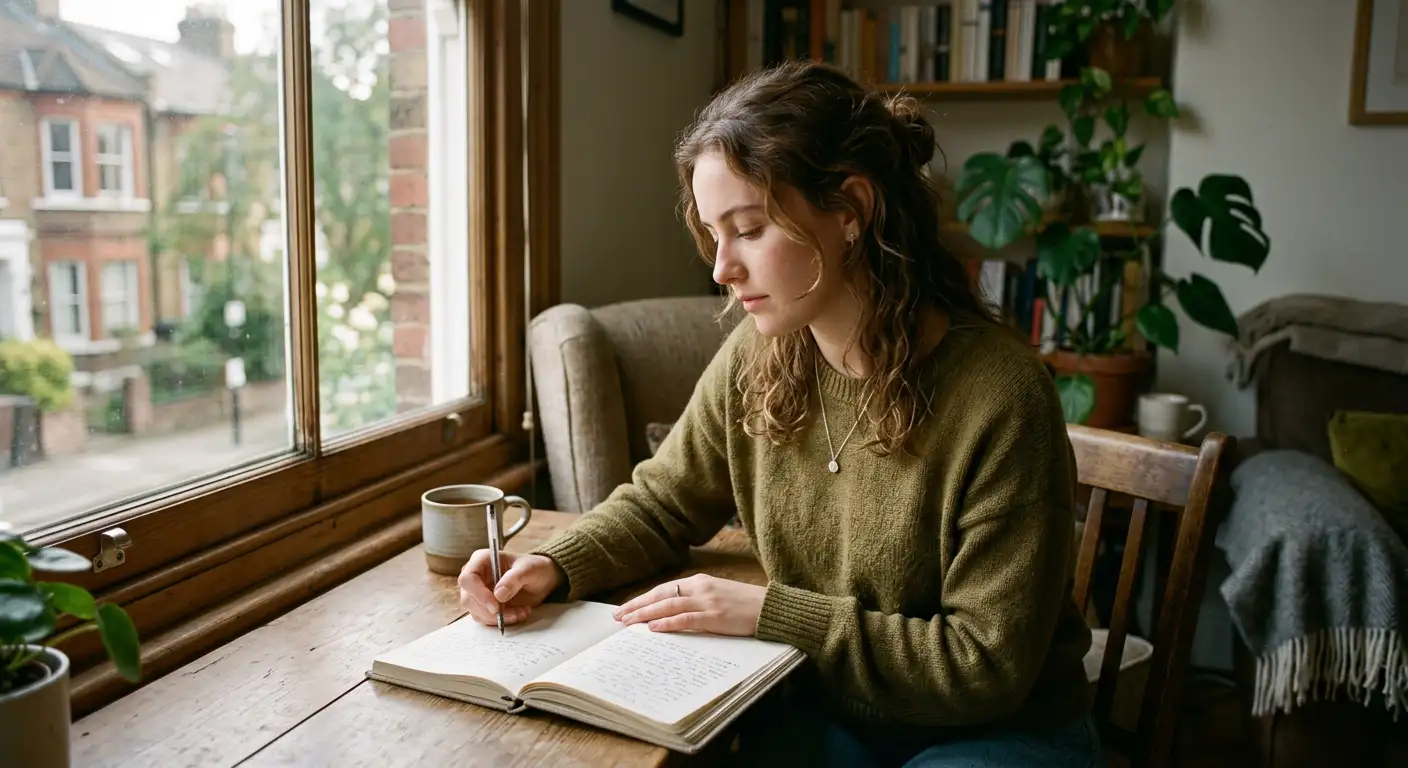 Persoană scriind într-un jurnal la o masă liniștită, lumină naturală caldă