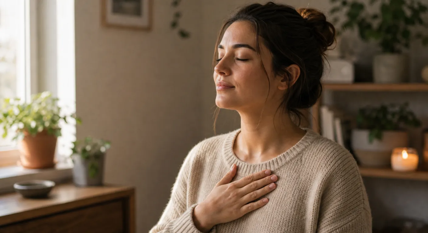 Persoană într-un moment scurt de respirație conștientă, cu ochii relaxați, lumină naturală caldă