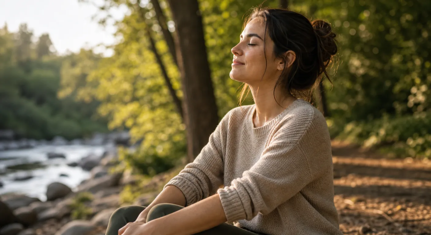 Persoană relaxată în natură, într-un moment de echilibru interior, lumină naturală caldă