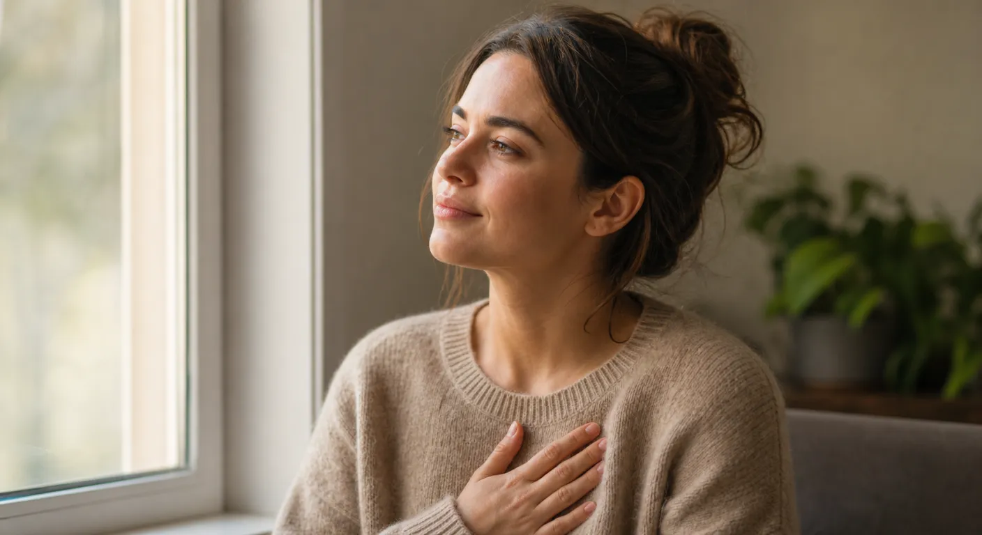 Persoană într-un moment de introspecție lângă o fereastră, gest de blândețe față de sine, lumină caldă