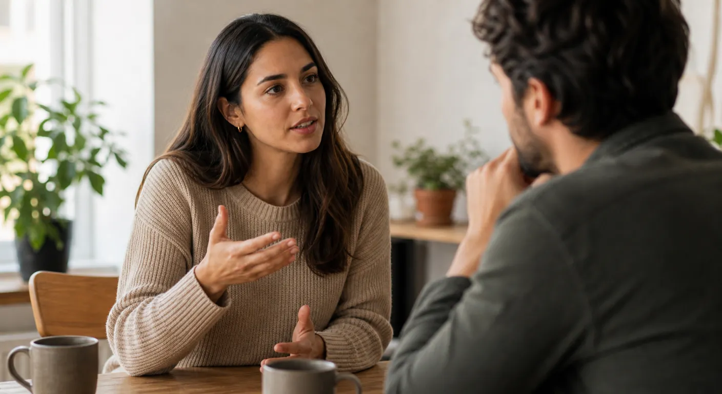 Persoană calmă într-o conversație, exprimându-și ferm dar blând punctul de vedere, lumină naturală