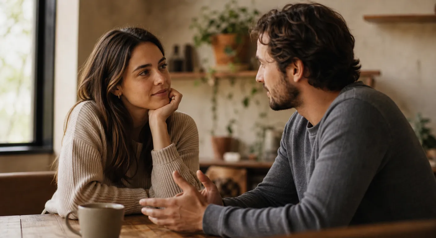 Cuplu având o conversație calmă față în față, atmosferă de înțelegere reciprocă, lumină caldă