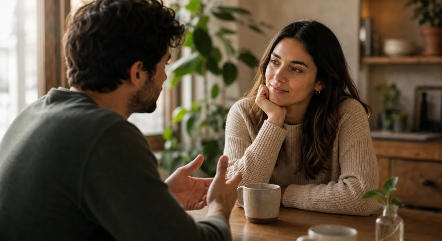 Două persoane față în față într-o conversație atentă, una ascultând cu interes real, lumină naturală caldă