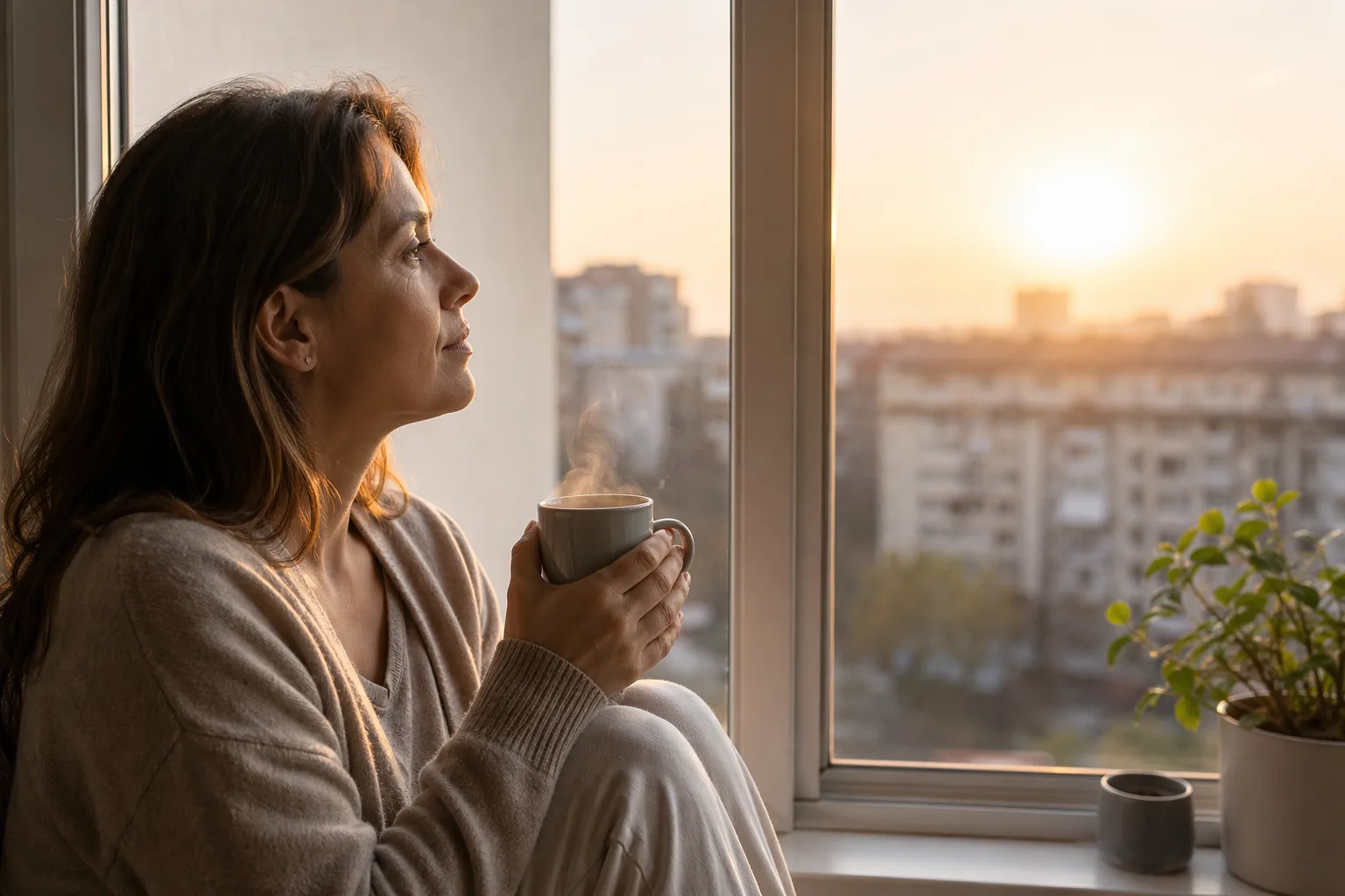 Persoană adultă stând singură la fereastra unui apartament dimineața, privind calm afară cu o ceașcă de ceai în mâini, moment de claritate