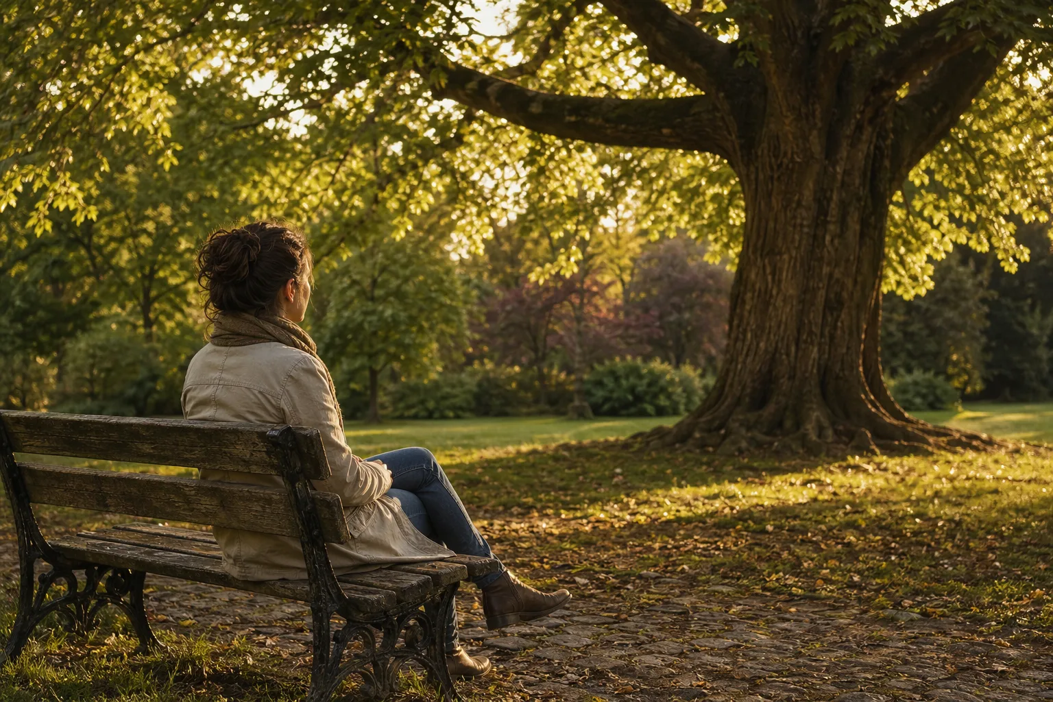 Persoană adultă așezată calm pe o bancă într-un parc, privind spre un copac matur, moment de reflecție și integrare
