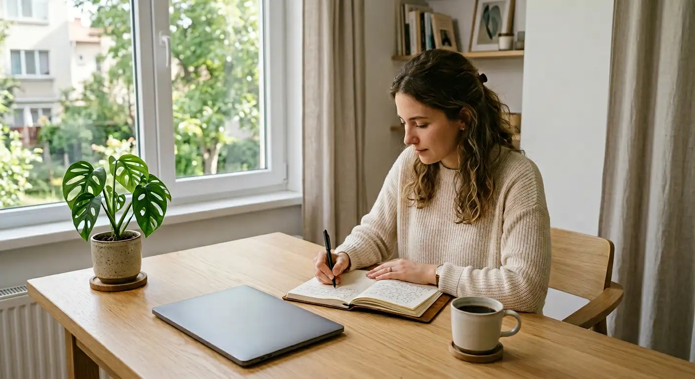 Persoană scriind în jurnal la birou cu plantă și cafea, moment calm de reflecție și planificare