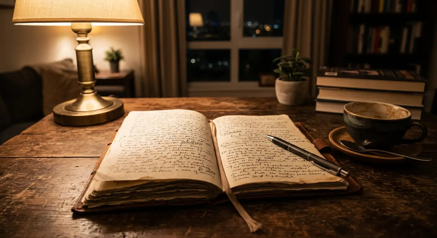 Jurnal deschis cu notițe săptămânale la birou, lampă caldă, atmosferă de sfârșit de săptămână