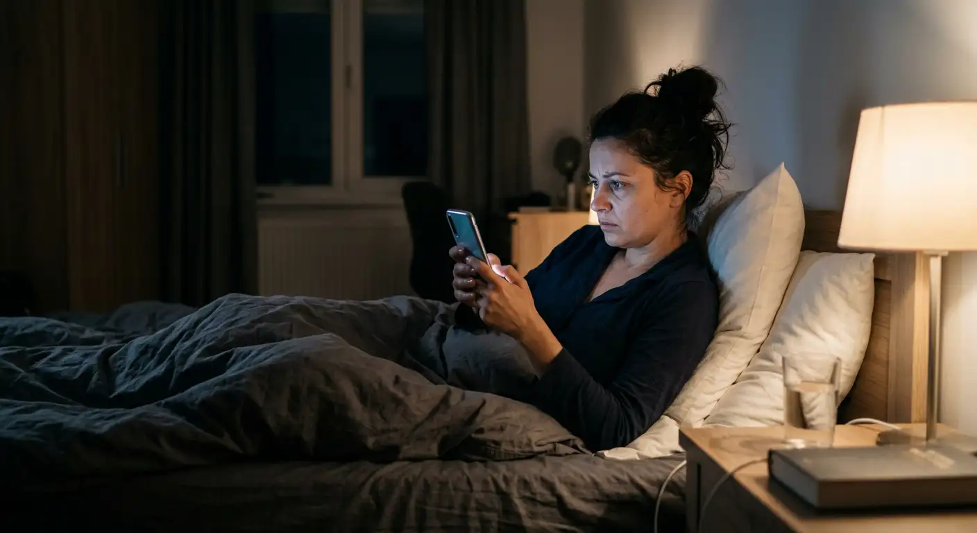 Persoană uitându-se insistent la telefon noaptea, cadru intim cu lampa de noptieră aprinsă, moment de neliniște emoțională