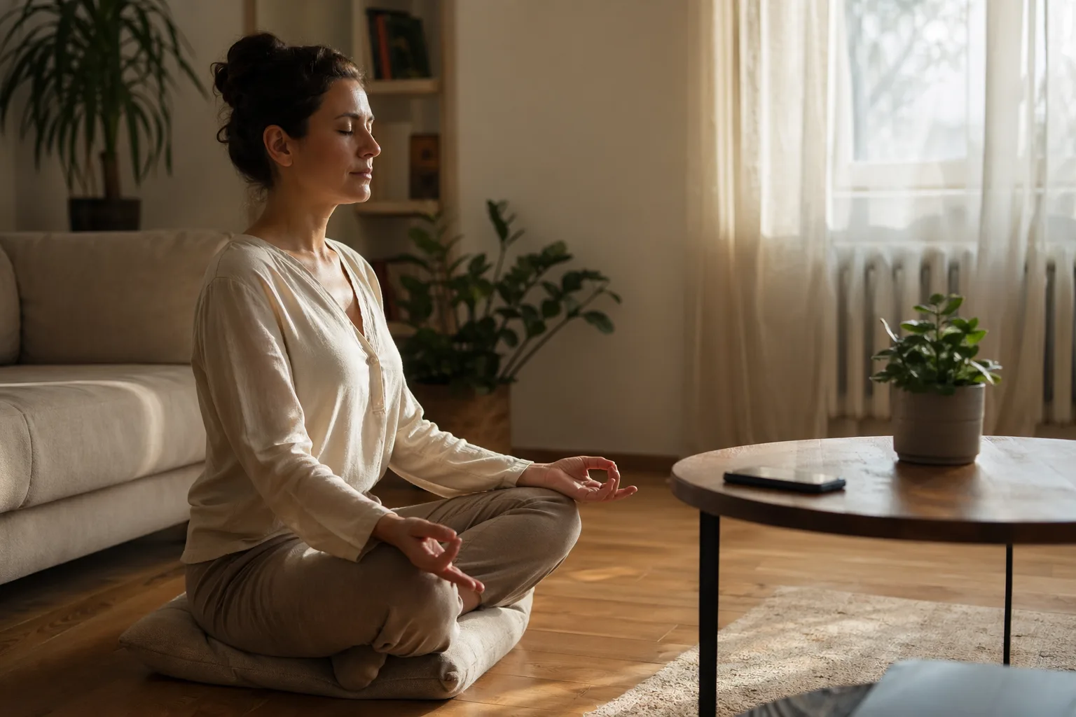 Persoană meditând acasă dimineața într-o cameră luminoasă, ochii închiși, respirație calmă, telefon pus la distanță