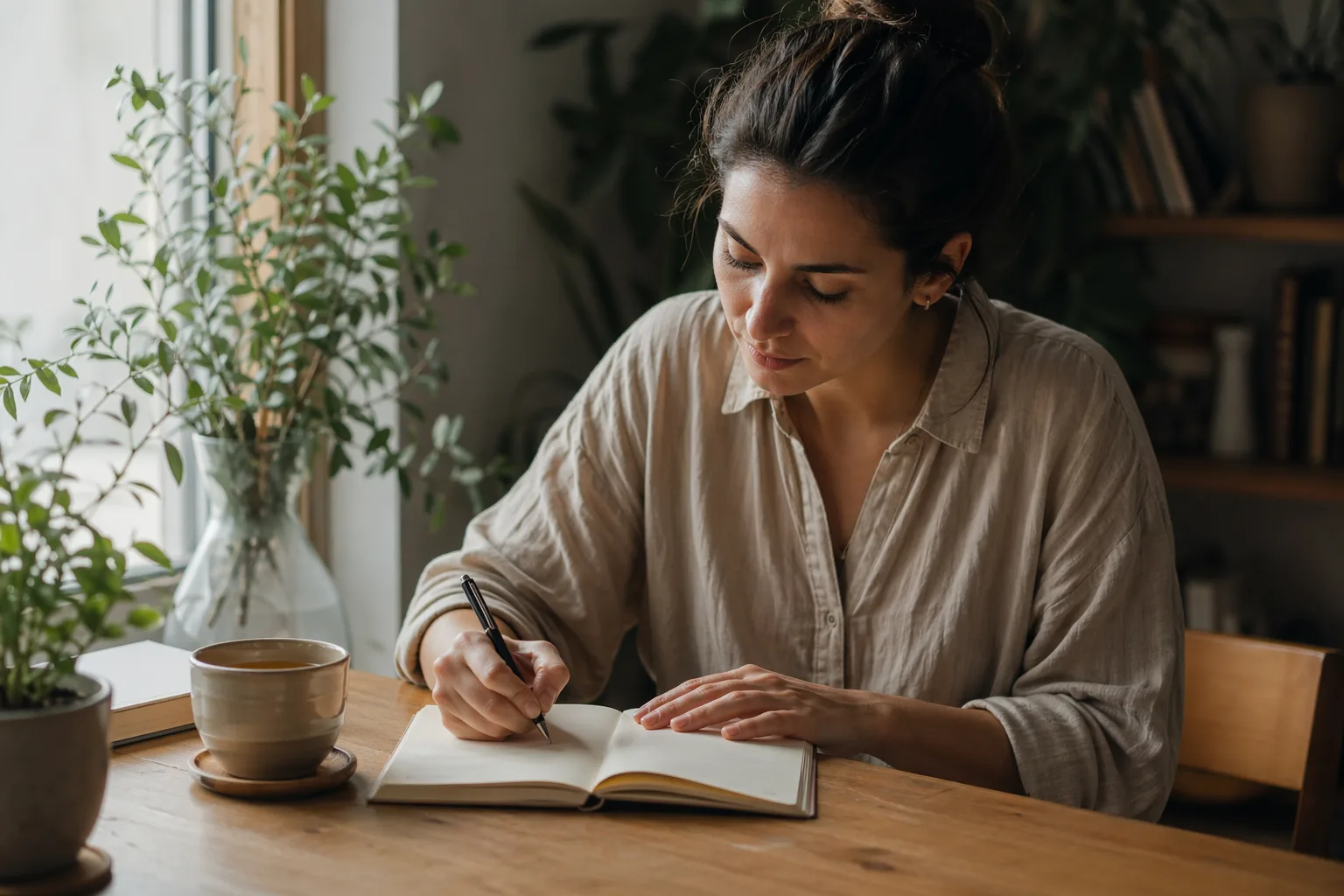 Persoană scriind într-un jurnal la masa de la fereastră cu lumină naturală, moment de reflecție personală