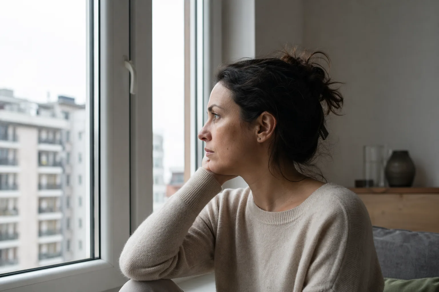 Persoană adultă privind pe fereastră într-un apartament liniștit, moment de contemplație interioară