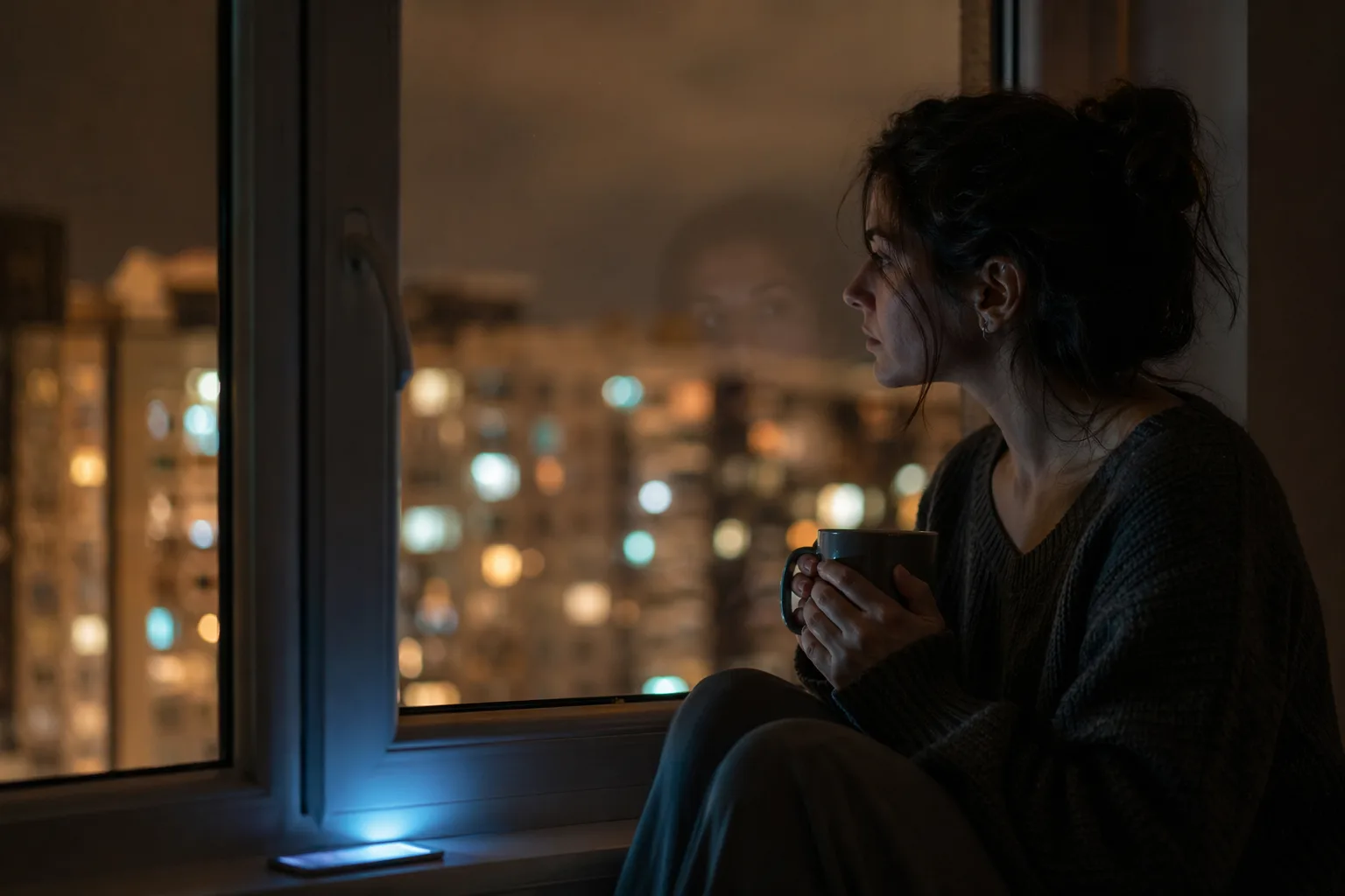 Persoană adultă stând singură la fereastra apartamentului noaptea cu lumini aprinse în oraș, atmosferă melancolică și contemplativă