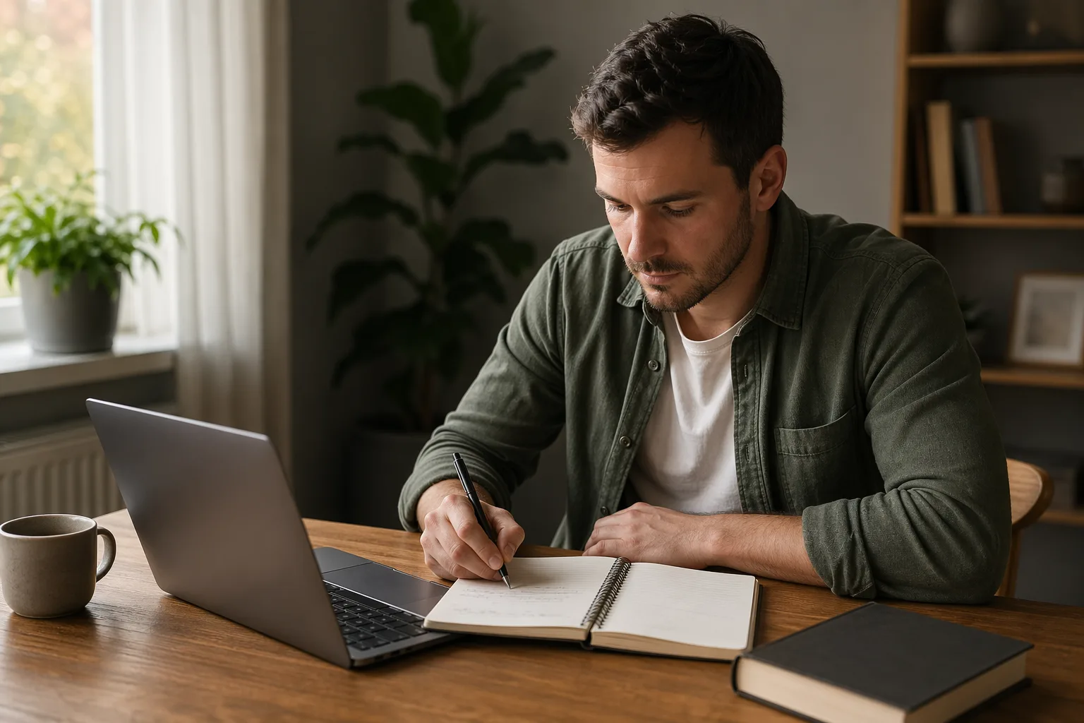 Persoană stând la o masă cu notebook deschis, scriind reflecții după o lectură, atmosferă de aplicare activă a cunoștinței