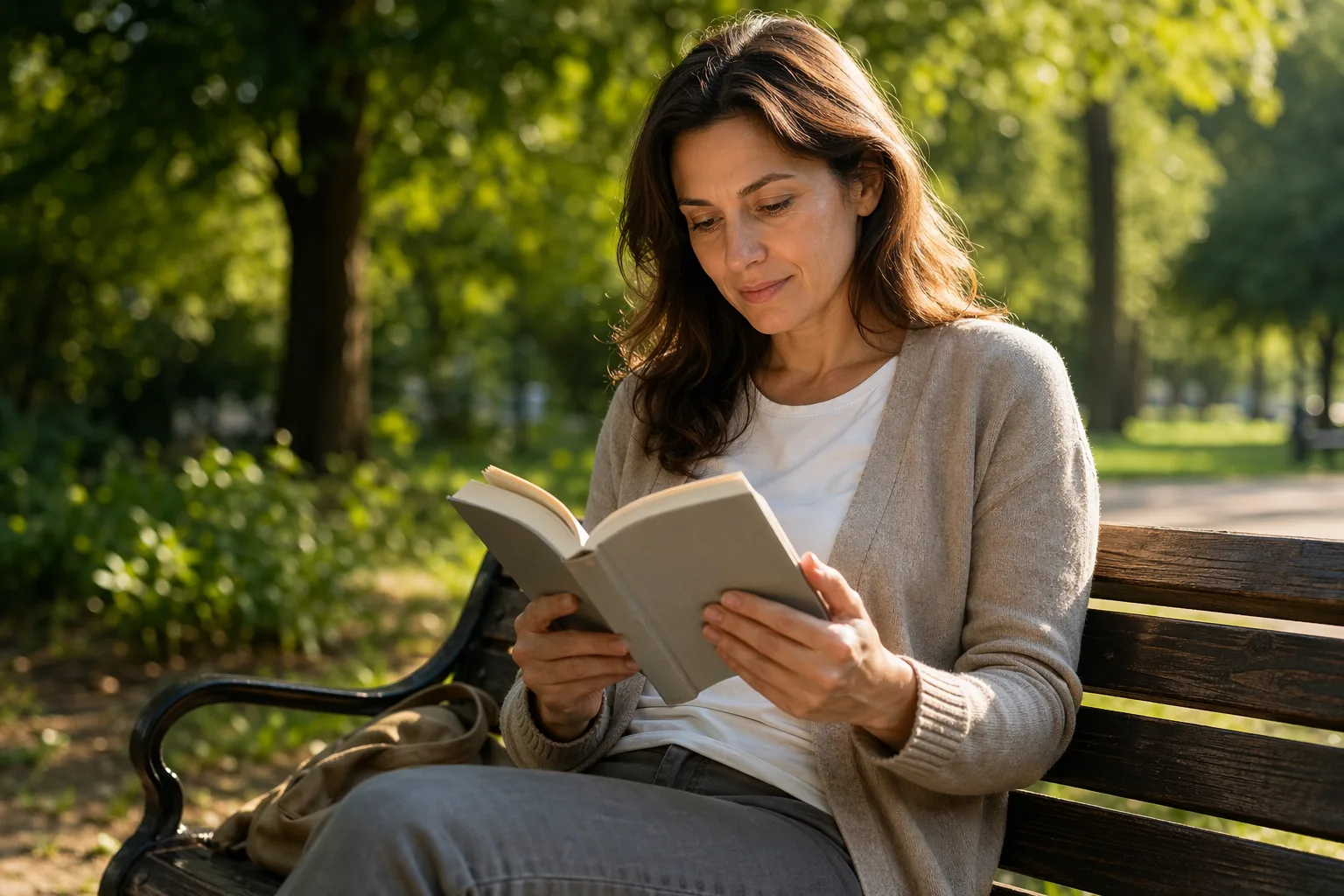 Persoană adultă citind o carte pe o bancă în parc, atenție concentrată și deschisă, atmosferă de învățare activă