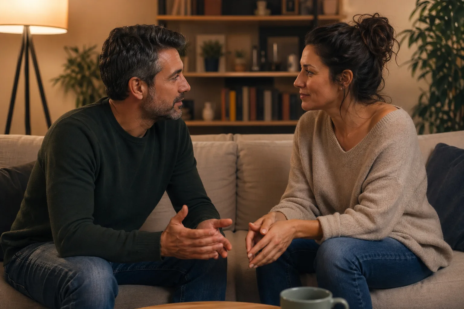 Cuplu stând față în față pe canapea, atenți și calmi, într-o conversație dedicată și deschisă