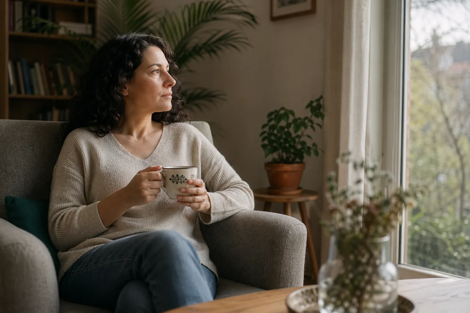 Femeie adultă stând calmă pe un fotoliu într-un living liniștit, privire contemplativă și conștientă