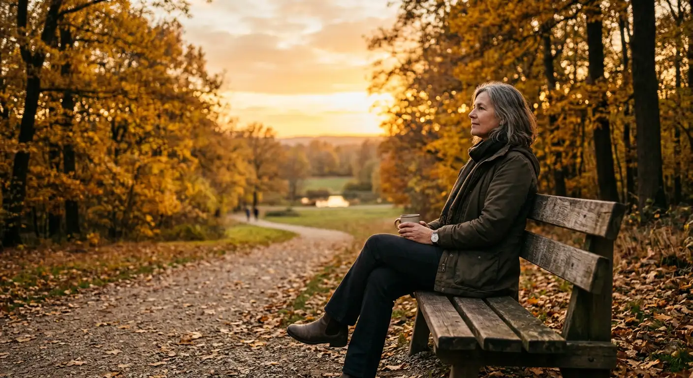 Persoană singură într-un parc la apus, liniștită și privind spre orizont, moment de reconectare cu sine
