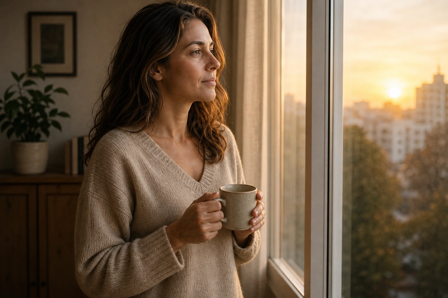 Persoană singură la o fereastră dimineața, cu o ceașcă de cafea, moment de claritate și decizie interioară